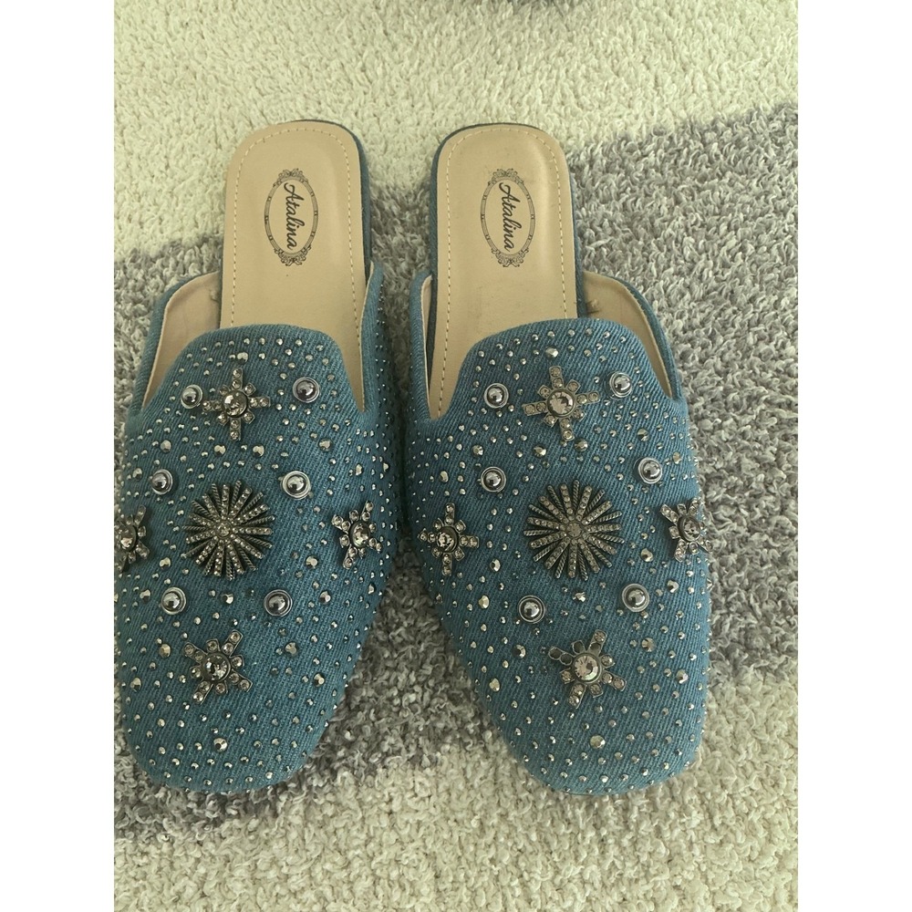 Atalina Denim Mules Women Size 8 Blue Excellent Studded Celestial Flat Slides